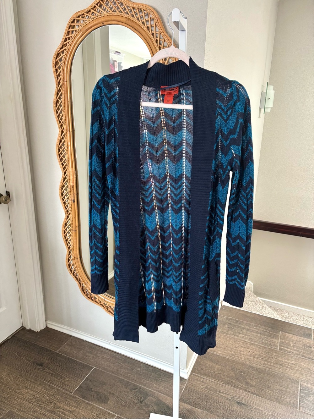 Missoni for Target Blue Zigzag Knit Open Front Longline Cardigan Sweater Pocket